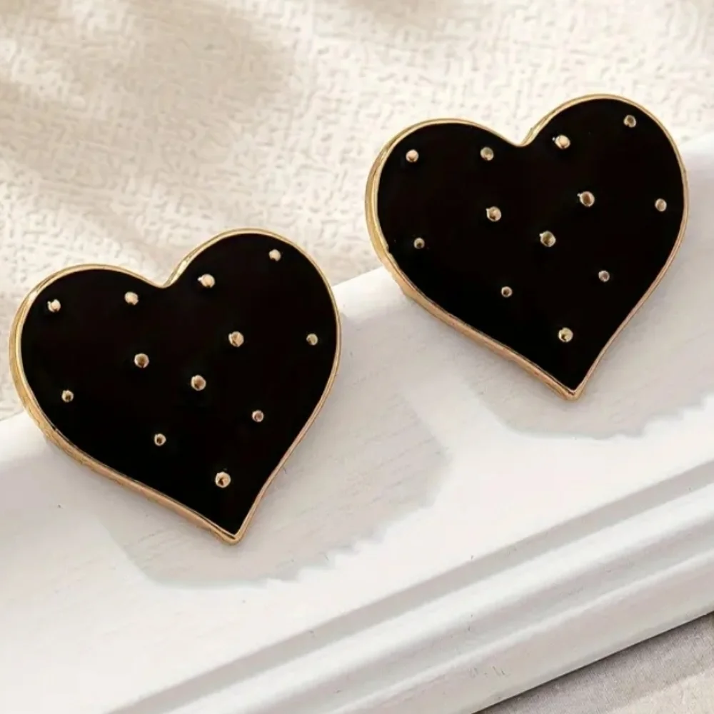 Black Heart With Gold Polkadots Stud Earrings 14k Gold Plated